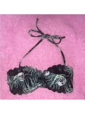 Palm Leaf & Skull Bandeau Bikini Top - Black & Green